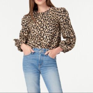J. Crew Cotton Ruffle Sleeve Leopard Print Top Brown Sz S